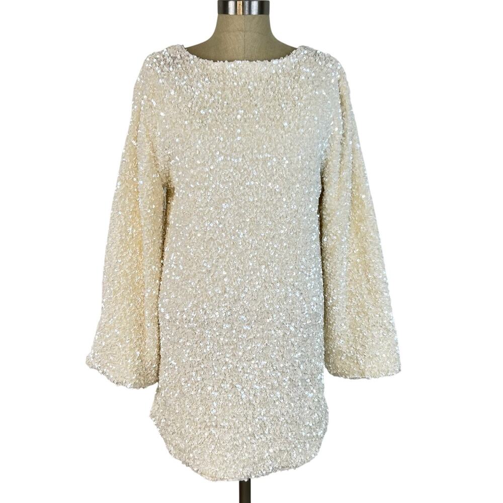 Cream Sequined Black Large Back Bow Bell Sleeve Boat Neck Mini Dress (Sz 4)